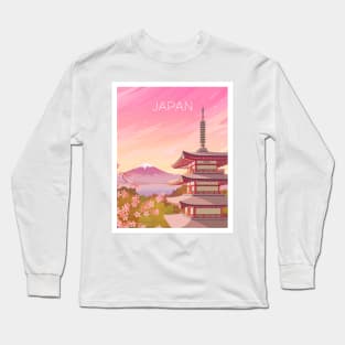 Japan - Mount Fuji and Chureito Pagoda in Pink Sunset Long Sleeve T-Shirt